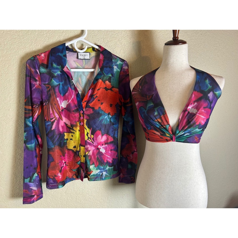 RNWY 2 Piece Set Womens XS Multicolor Mesh Floral Long Sleeve Shirt Halter Top
